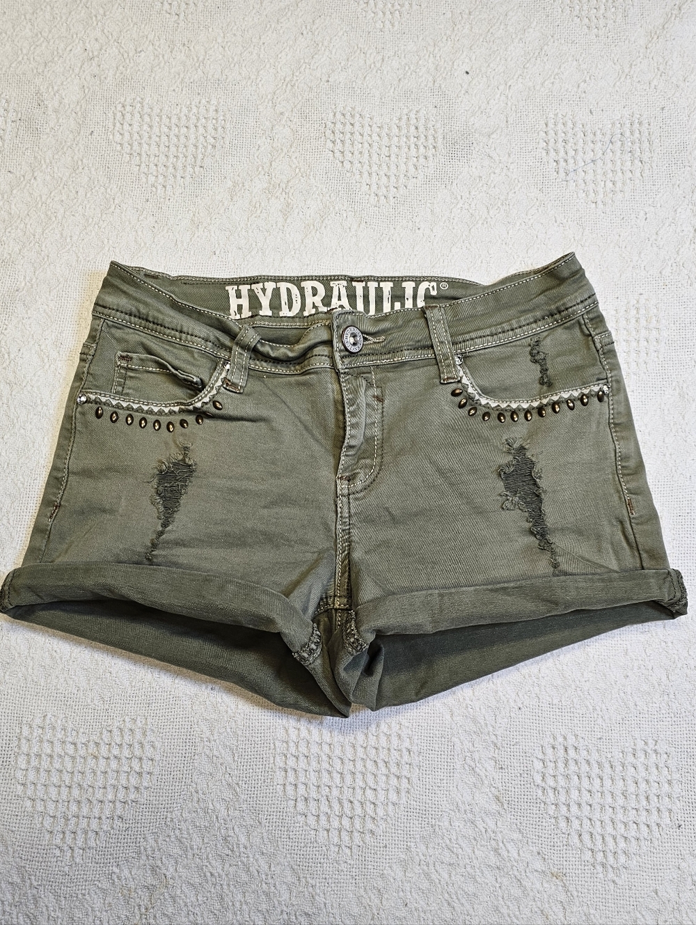 Hydraulic Olive Green Studded Distressed Denim Shorts With Stretch